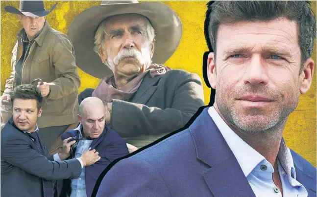  ?? ?? HE’S GOT RANGE: Taylor Sheridan’s (far right) career as an actor never took off. But now, he’s a star writer, producer and director. His has nine TV projects going, including “Yellowston­e” with Kevin Costner (clockwise from top left), “1883” with Sam Elliott and “Mayor of Kingstown” with Hugh Dillon and Jeremy Renner.