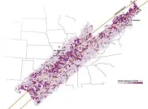  ?? NYT ?? People driving in search of a better view of last Monday’s solar eclipse created unusual traffic patterns across the United States. On this map tracing the eclipse’s path of totality, the darker the color, the greater the increase in traffic activity April 8 from that of a typical Monday.