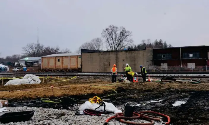  ?? Photograph: Xinhua/REX/Shuttersto­ck ?? The scene of the train derailment in East Palestine in Ohio.