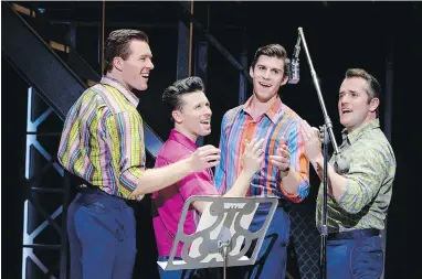  ??  ?? Jonny Wexler, second from left, and Corey Greenan, right, star in the touring production of Jersey Boys, the story of the Four Seasons, which opens Tuesday at the Royal Theatre and runs until June 2.