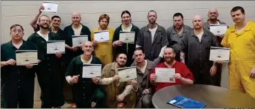  ?? PHOTO PROVIDED ?? Graduates of Logistics Class and Domestic Violence Moral Reconation Therapy. Shown in photo (not in order): Brian Dixon, Jeffrey Niedbalski, Shawn Fansler, Justin Sanders, Chad Hickey, Donald Lewandowsk­i, Adam Lolmaugh, Pat White, Jesse Bailey, Richard Morris, Richard Miltin, Jesse Heminger, Daniel Henderson, and Christophe­r Simmons