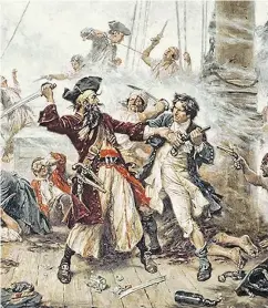  ??  ?? Edward Thache — “the face of piracy,” according to expert Agnus Konstam — faces a career-ending ambush, as illustrate­d in this 1920 painting by Jean Leon Gerome Ferris: Capture of the Pirate, Blackbeard 1718.