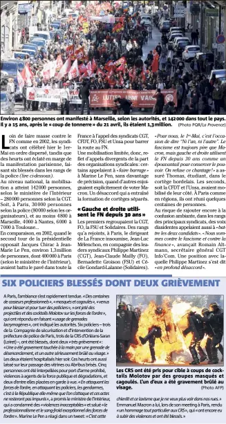  ?? (Photo PQR/La Provence) (Photo AFP) ?? Environ   personnes ont manifesté à Marseille, selon les autorités, et   dans tout le pays. Il y a  ans, après le « coup de tonnerre » du  avril, ils étaient , million. Les CRS ont été pris pour cible à coups de cocktails Molotov par...
