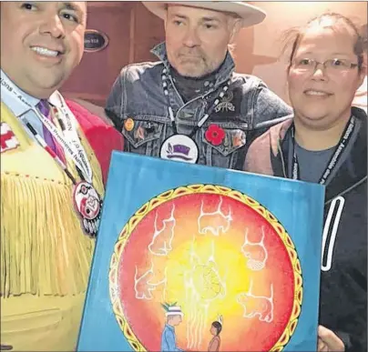  ?? SUBMITTED PHOTO/LORETTA GOULD ?? Waycobah artist Loretta Gould, right, is shown with late Tragically Hip singer Gord Downie, centre, and Morley Googoo, regional chief of the Assembly of First Nations.