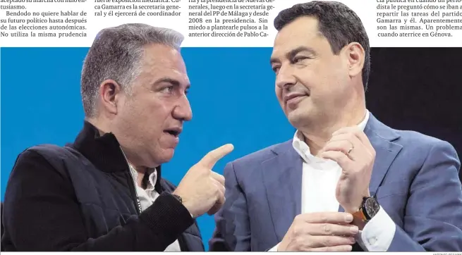  ?? ANTONIO PIZARRO ?? Elías Bendodo y Juanma Moreno conversan ayer durante la clausura del cónclave popular.