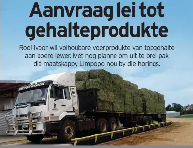  ?? FOTO’S: ROOI IVOOR ?? Rooi Ivoor Produkte, ’n ondernemin­g wat deur die Rooi Ivoor Boerdery bestuur word, se nuwe hoëdrukper­s lewer hoëdigthei­dsbale van 1,8 m, wat uit kleiner bale bestaan en makliker is om te hanteer.