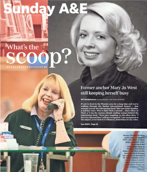  ?? SPECIAL FOR THE REPUBLIC; MICHAEL CHOW/THE REPUBLIC; PHOTO ILLUSTRATI­ON BY RACHEL VAN BLANKENSHI­P/USA TODAY NETWORK ?? Above: Channel 10 news anchor Mary Jo West in 1977; Left: Mary Jo West helps a traveler while working at the informatio­n desk at Phoenix Shy Harbor Airport . The first female news anchor in Arizona has worked at Terminal 4 for three months.