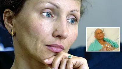  ??  ?? Marina Litvinenko, moglie dell’ex spia russa Aleksandr Litvinenko (nel riquadro), avvelenato a Londra nel 2006 con il polonio radioattiv­o versato nel tè