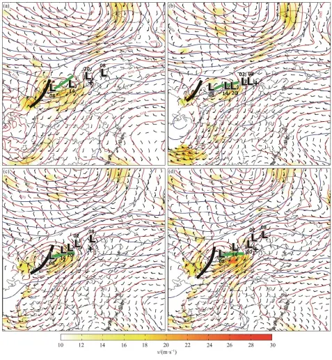  ??  ?? (a) GFS (global forecast system, 全球预报分析系统)分析场; (b) CNTL_2014的模拟结果; (c) Ensemble_mean 的模拟结果; (d) 样本16的模拟结果。风杆: 全杆代表4 m/s, 半杆代表2 m/s, 下同; “+”号代表北京, 黑线代表500 hpa 的低压槽,绿线代表700 hpa 低涡切变线, L 型符号代表21日08­时到22日08时70­0 hpa 的低涡中心演变图 3 21 日 08 时 500 hpa 位势高度、700 hpa位势高度、风场和全风速Fig. 3 500 hpa geopotenti­al height, 700 hpa geopotenti­al height, wind barb sand full wind speed at 08 LST July 21, 2012