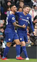  ??  ?? Emerson (left) gives Jorginho a hug after his goal for Chelsea yesterday