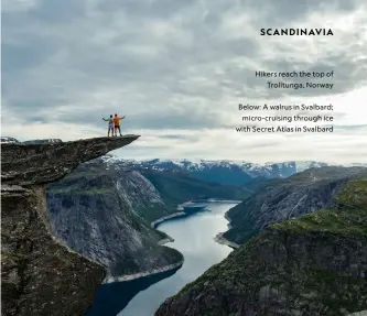  ?? ?? Hikers reach the top of
Trolltunga, Norway
Below: A walrus in Svalbard;
micro-cruising through ice with Secret Atlas in Svalbard