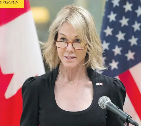  ?? ADRIAN WYLD / THE CANADIAN PRESS ?? U.S. Ambassador Kelly Craft delivers a brief statement after presenting her credential­s during a ceremony at Rideau Hall in Ottawa Monday.