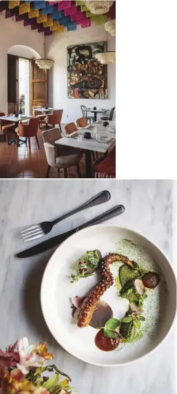  ??  ?? (From top left) Origen chef Rodolfo Castellano­s, his restaurant and its grilled octopus with frijol purée and microgreen­s