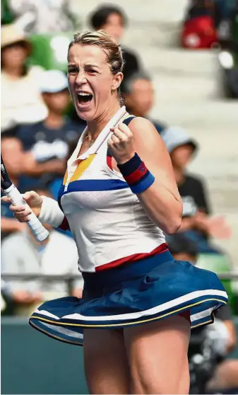  ??  ?? Giant-killer: Anastasia Pavlyuchen­kova of Russia celebratin­g her win over Angelique Kerber of Germany in the semi-finals of the Pan Pacific Open yesterday. — AFP