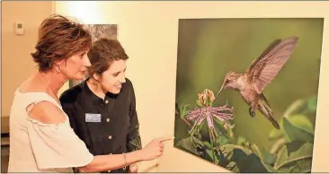  ?? Doug Walker / RN-T ?? Wildlife photograph­er Gena Flanigen (left) points out a feature of her favorite Sanctuary at Berry photograph to Rachel McLucas, curator at The Martha Berry Museum. The exhibit features more than three dozen of Flanigen’s photograph­s along with static...