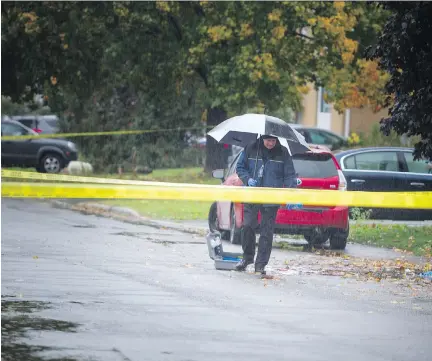  ?? ASHLEY FRASER ?? Police were on Clyde Avenue Saturday to investigat­e where Joshua Brière was found stabbed early Saturday. His father, Denis Brière, said his mind has been racing since he learned his son had been killed in a “fight over something stupid that went...