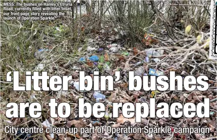  ??  ?? mess: The bushes on Hanley’s etruria Road, currently filled with litter. Inset, our front page story revealing the launch of Operation sparkle.