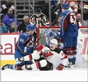  ?? ANDY CROSS — THE DENVER POST ?? Devils right wing Nathan Bastian (14) celebrates his goal against the Avalanche on Wednesday.