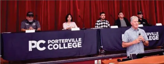  ?? RECORDER PHOTO BY JAMIE A. HUNT ?? The Veterans Panel at Portervill­e College during the CHAP presentati­on on Tuesday, included Vietnam veterans and active service military personnel Bill Flores, Ceidy Gomez, Juan Torres, Daniel Garcia, and John Perez.