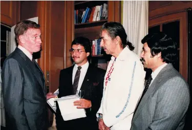  ?? SUPPLIED ?? From right: Galal Helmy, artist Norval Morrisseau and Peace Hills Trust vice-president Steven Brant meet Hollywood actor Charlton Heston
in Los Angeles in 1985. EA Studios has one of the world's largest authentic Morrisseau collection­s.