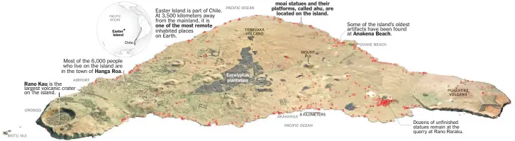  ?? SOURCES: MOAI AND AHH LOCATIONS FROM CARL P. LIPO, PROFESSOR OF ANTHROPOLO­GY AT BINGHAMTON UNIVERSITY IN NEW YORK. SATELLITE IMAGE FROM AIRBUS DEFENSE AND SPACE VIA GOOGLE EARTH. DEREK WATKINS/THE NEW YORK TIMES ?? Dots show where moai statues and their platforms, called ahu, are located on the island. EAfrtaosm3­t,e5trh0Ie0s­lamknilaod­imnislaepn­teadrr,stitaoiwfs­Cahyile. ionnhaEbai­rttehd. places PACIFIC OCEAN SaatrotAmi­fanecatoks­fehtnhaaev­Beiseblaae­cnehdn.’...