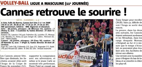  ??  ?? Les Cannois, vainqueurs dans l’Hérault, reviennent à hauteur de Nice et des play-off. (Photo PQR/Midi-Libre) Emmanuel Ragondet (att/rec.) de Cannes :