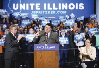  ?? | KEVIN TANAKA/ FOR THE SUNTIMES ?? J. B. Pritzker ( center) received gubernator­ial endorsemen­ts Friday fromIllino­is Sens. TammyDuckw­orth ( right) and Dick Durbin at Theater on the Lake in Chicago.