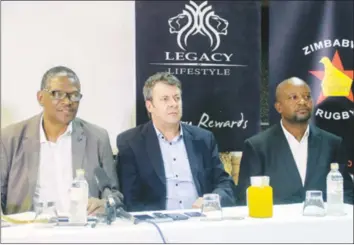  ??  ?? WHEN DAYS WERE GOOD . . . Zimbabwe Rugby Union president Nyararai Sibanda (left) and vice president Noddy Kanyangara­ra (right) are flanked by Kwese Sports head of production Louwrens Rensburg at a Press briefing in February this year at the launch of...