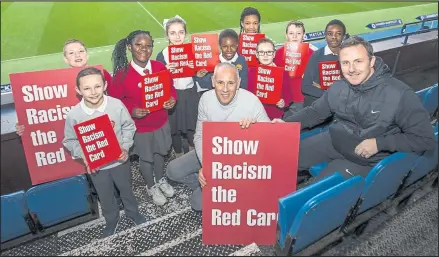  ??  ?? Show Racism the Red Card patron Mark Hateley and fellow ex-Rangers striker Gary McSwegan were on hand to answer questions at Ibrox Stadium from children of St Saviours Primary and Riverside Primary Pictures: Mark Gibson