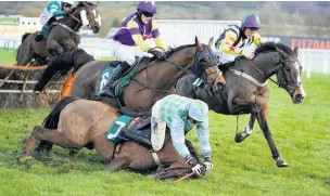  ??  ?? Gina Andrews and Haafapiece come crashing down at Cheltenham