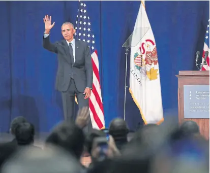  ?? SCOTT OLSON/AFP ?? Obama, ayer, tras su discurso en la Universida­d de Illinois