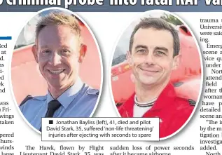  ??  ?? Jonathan Bayliss (left), 41, died and pilot David Stark, 35, suffered ‘non-life threatenin­g’ injuries after ejecting with seconds to spare