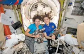  ?? NASA VIA AP ?? Astronauts Jessica Meir, left, and Christina Koch pose for a photo in the Internatio­nal Space Station on Thursday.
