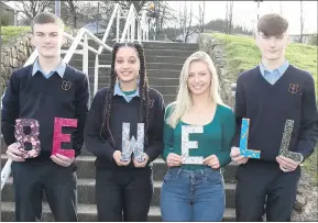  ?? (Pic: Ita West) ?? ‘BE WELL’ - Scoil Pól, Kilfinane students Darragh Shinnors, Linnea Hove and Shane Shinnors, pictured with Melissa Bone of Limerick Youth Service.