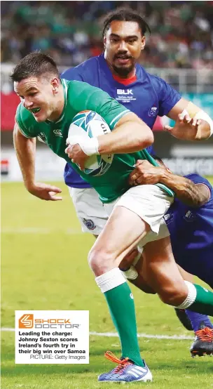  ?? PICTURE: Getty Images ?? Leading the charge: Johnny Sexton scores Ireland’s fourth try in their big win over Samoa