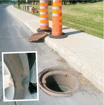  ??  ?? Le pneu de l’automobili­ste (en mortaise) a été détruit quand il a roulé sur une bouche d’égout sans couvercle sur l’avenue Pierre-Dupuy, en juillet 2015.