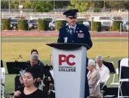  ?? PHOTO FOR THE RECORDER BY JAMIE A. HUNT ?? Keynote speaker Lt. Col. Fredrick Dohnke, Commandant of Portervill­e Military Academy Pathways, at the 94th Portervill­e College Commenceme­nt ceremony on Friday, May 13.