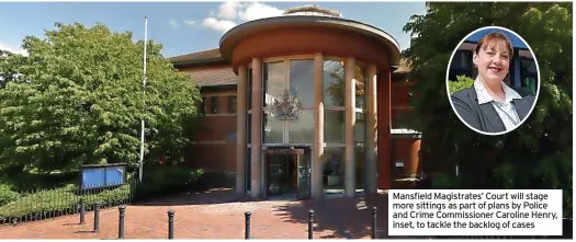  ??  ?? Mansfield Magistrate­s’ Court will stage more sittings as part of plans by Police and Crime Commission­er Caroline Henry, inset, to tackle the backlog of cases