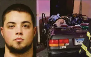  ?? Contribute­d photos / Ansonia Police and Ansonia Rescue and Medical Services / Contribute­d photo ?? Zachary Mercer, left, took a plea deal April 21 in connection with the fatal Sept. 23, 2018 downtown crash that killed 78-year-old Ansonia resident Garrett Dalton, whose car is pictured at right.