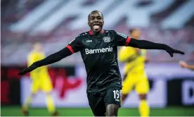  ?? Photograph: Lukas Schulze/Bundesliga Collection/Getty Images ?? Moussa Diaby celebrates scoring Bayer Leverkusen’s first goal against Borussia Dortmund before later creating the winner for 17-year-old Florian Wirtz.