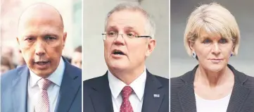  ??  ?? This combinatio­n of file pictures shows (from left) Dutton, Morrison and Bishop at the House of Representa­tives at the Parliament House in Canberra. — Reuters/AFP photo