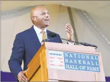  ?? Hans Pennink / Associated Press ?? Former Yankees pitcher and National Baseball Hall of Fame inductee Mariano Rivera speaks during the induction ceremony.