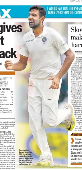  ?? AP ?? Ravichandr­an Ashwin picked his 26th fivewicket haul in Test cricket against Sri Lanka in the second Test at the SSC, Colombo, on Saturday.