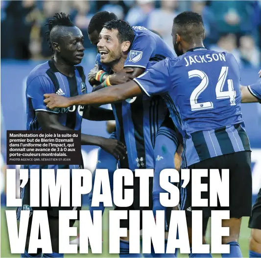  ??  ?? Manifestat­ion de joie à la suite du premier but de Blerim Dzemaili dans l’uniforme de l’impact, qui donnait une avance de 3 à 0 aux porte-couleurs montréalai­s.