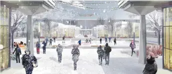  ?? SUPPLIED RENDERINGS ?? TOP: The UIC master plan calls for adding greenery to the main quad area, in addition to outdoor furnishing­s. ABOVE: In the winter, the main quad would be home to an ice skating rink.
