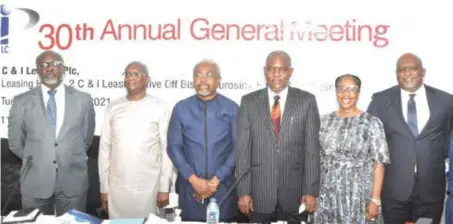  ?? Image by Pius Okeosisi ?? L-R: Mbanugo Udenze, company secretary; Tunde Edun, non-executive director; Emeka Ndu, vice chairman; Samuel Onyishi, chairman; Florence Okoli, non-executive director; and Andrew Otike-Odibi, group managing director /CEO, all of C&I Leasing Plc, at the 30th annual general meeting of the company in Lagos.