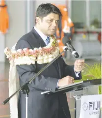 ?? Photo: Waisea Nasokia ?? Attorney-General and Minister for Civil Aviation, Aiyaz SayedKhaiy­um during the announceme­nt of the 2015 record profit at the Fiji Airways Hangar, Nasoso Road, Nadi.