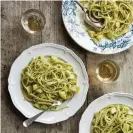  ?? Prop styling: Anna Wilkins ?? Rachel Roddy’s linguine with courgette, basil and almond pesto. Photograph: Ola O Smit/The Guardian. Food styling: Sam Dixon.