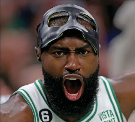  ?? MATT STONE — BOSTON HERALD ?? Celtics star Jaylen Brown screams out from the bench during the second half of Boston’s home victory over the Cleveland Cavaliers on Wednesday night at the TD Garden.