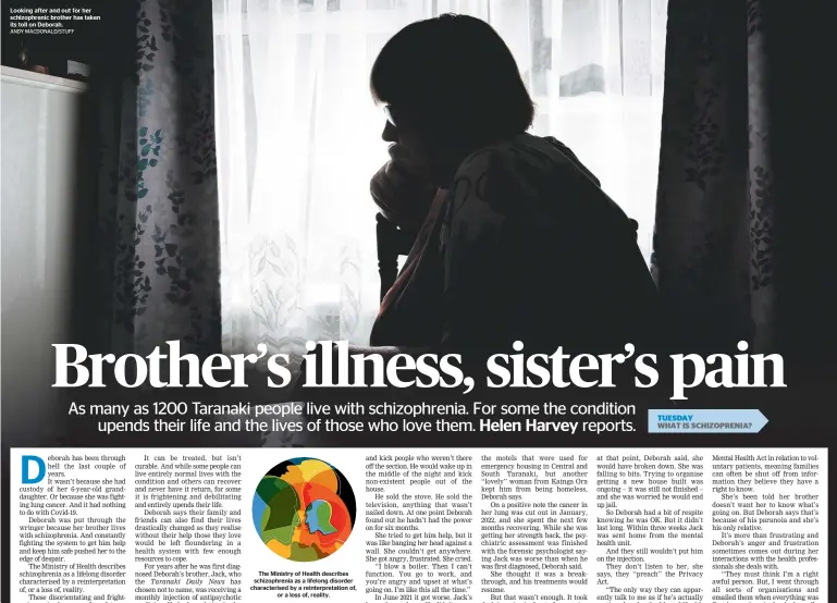  ?? ANDY MACDONALD/STUFF ?? Looking after and out for her schizophre­nic brother has taken its toll on Deborah.
The Ministry of Health describes schizophre­nia as a lifelong disorder characteri­sed by a reinterpre­tation of, or a loss of, reality.